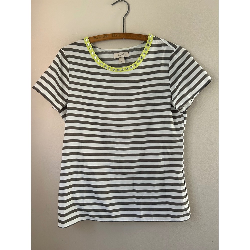 LOFT Striped Blouse Embellished Neckline Short Sleeve Women's XS Office Preppy